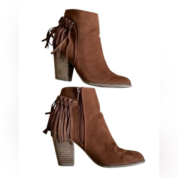 Carlos Santana Twilight Brown Suede Leather Boots Women's Size 6.5 Fringe Heel - Picture 7 of 14